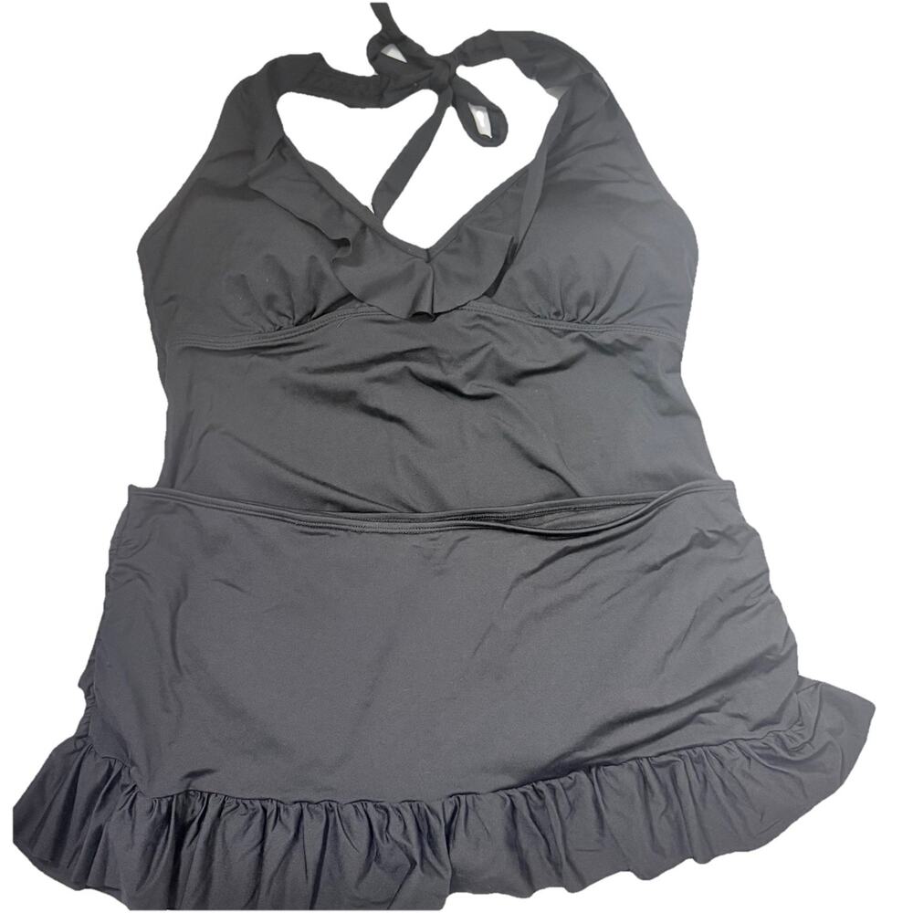 Vtg. Wave Zone 2 Piece Swim Suit Sz 14/12 Black Takini Ruffle Skirt Beachy Pool